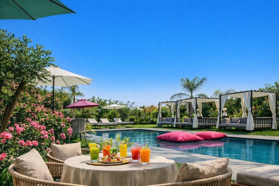 Vol en montgolfière au lever du soleil à Marrakech, accès piscine à la journée et déjeuner