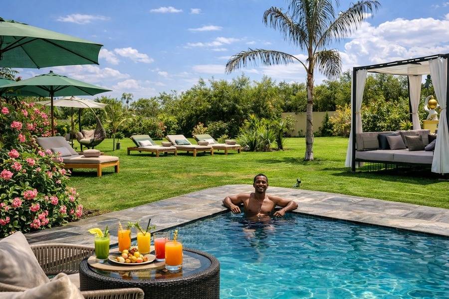 Vol en montgolfière au lever du soleil à Marrakech, accès piscine à la journée et déjeuner