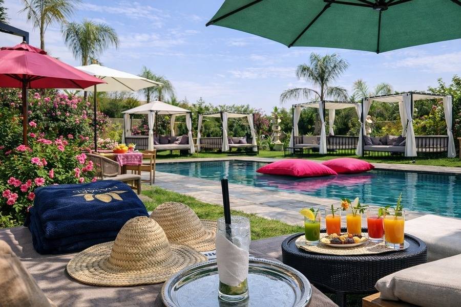 Vol en montgolfière au lever du soleil à Marrakech, accès piscine à la journée et déjeuner